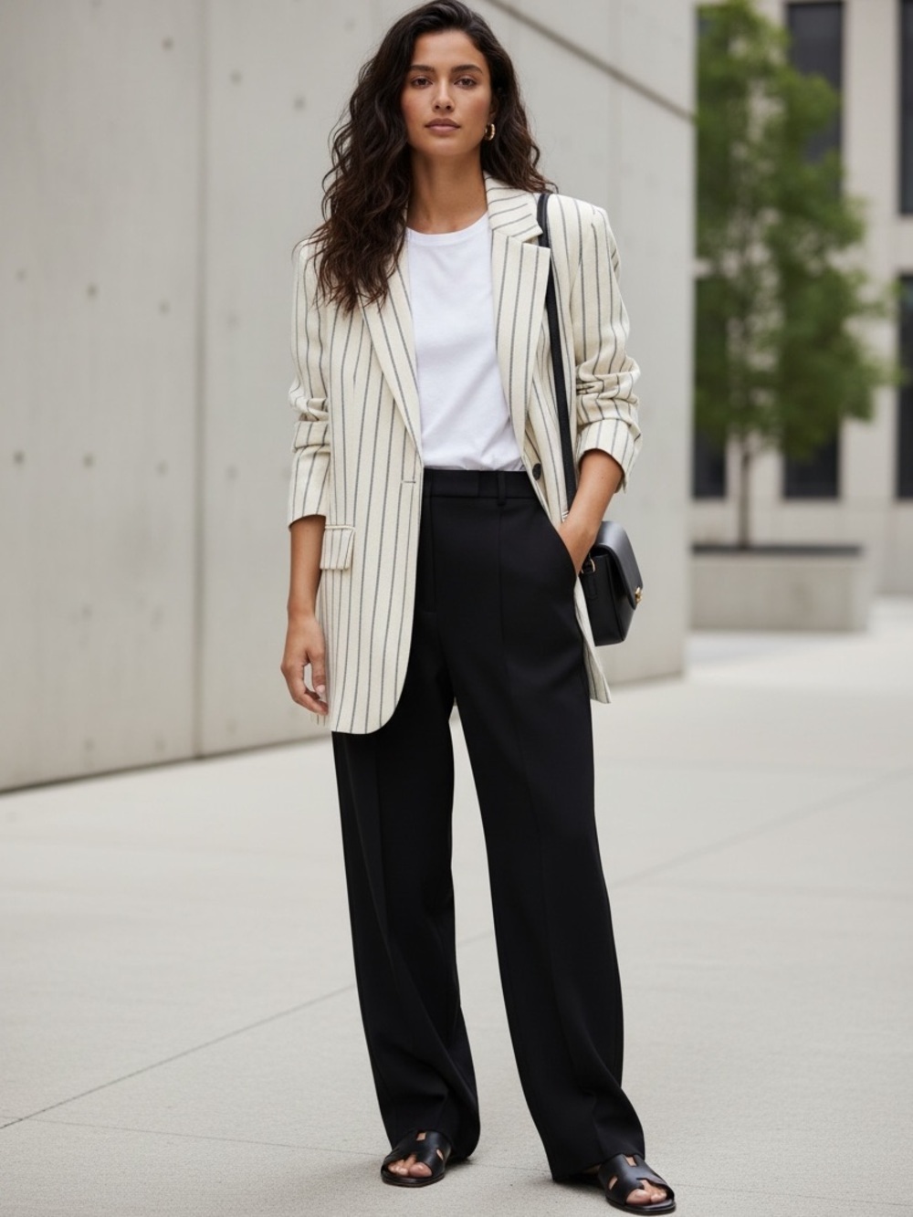 ZARA Oversized Blazer Linen Cotton Textured Pockets Cream Striped Women's Sz S